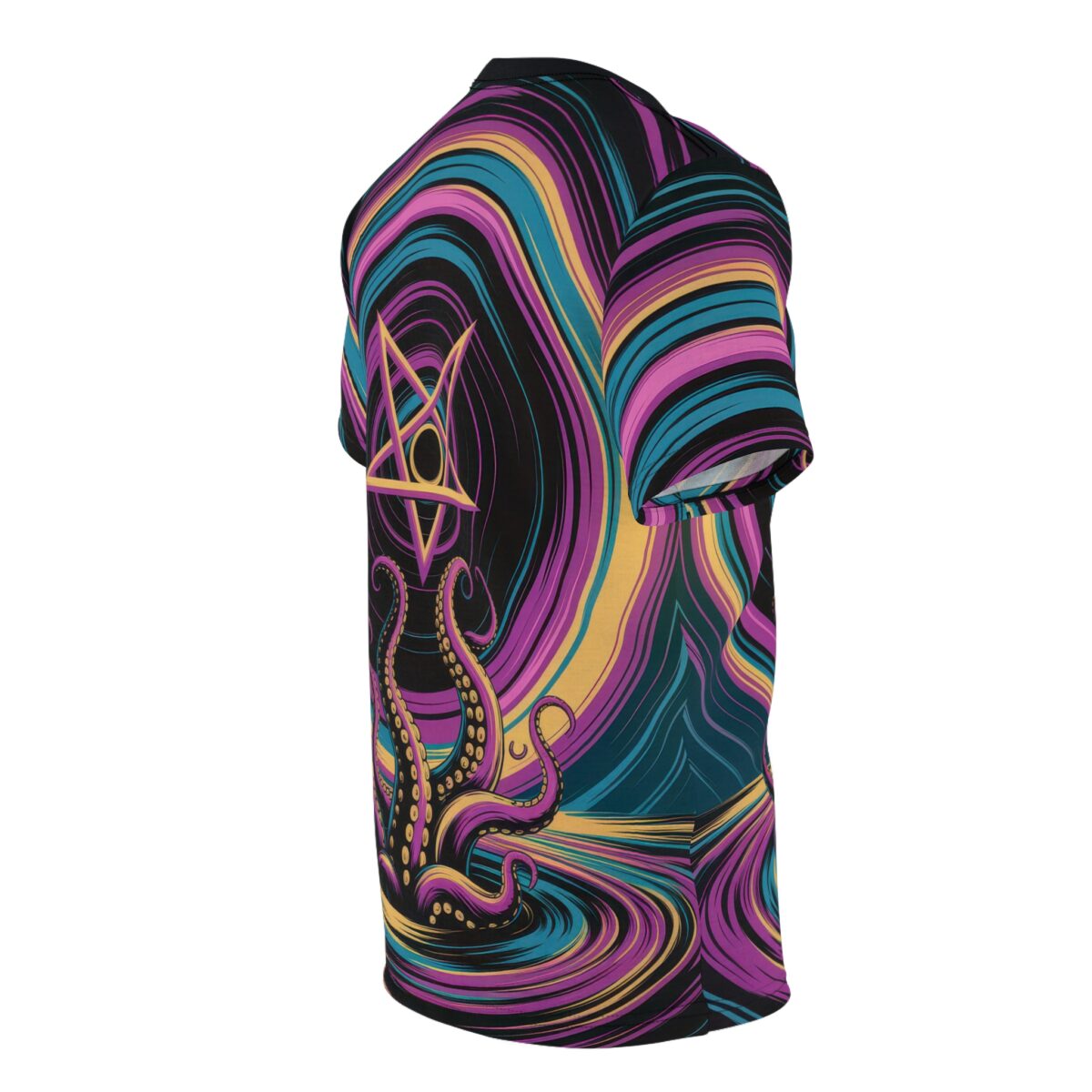 All over print sublimation tee featuring a kraken tentacle graphic and satanic symbol amidst a swirling psychedelic pattern.