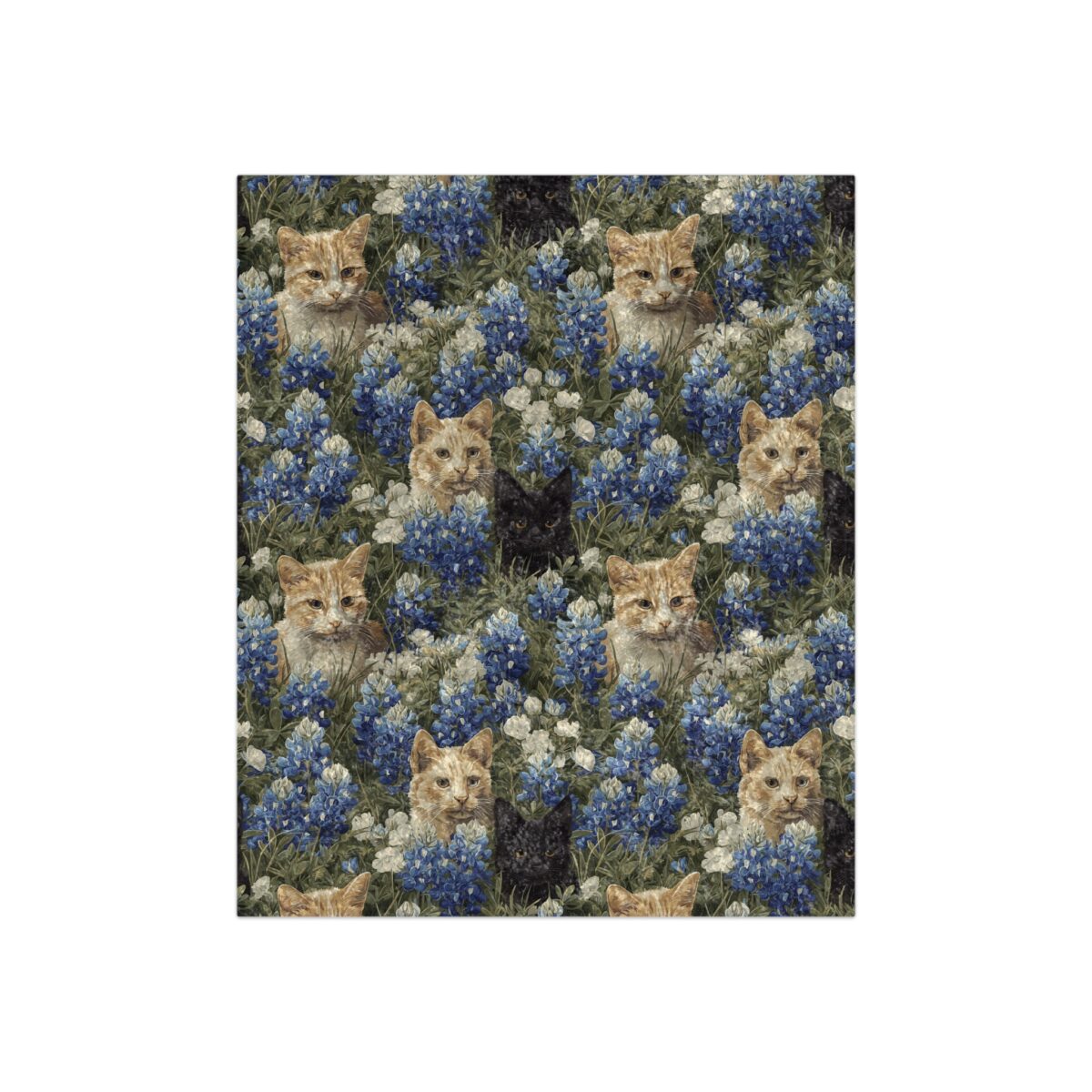 Orange and black cat all over print featuring bluebonnet wildflowers in a seamless sublimation pattern for fabric.