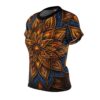 Vibrant orange and blue floral mandala all over print women's sublimation tee featuring a seamless wrap around graphic.