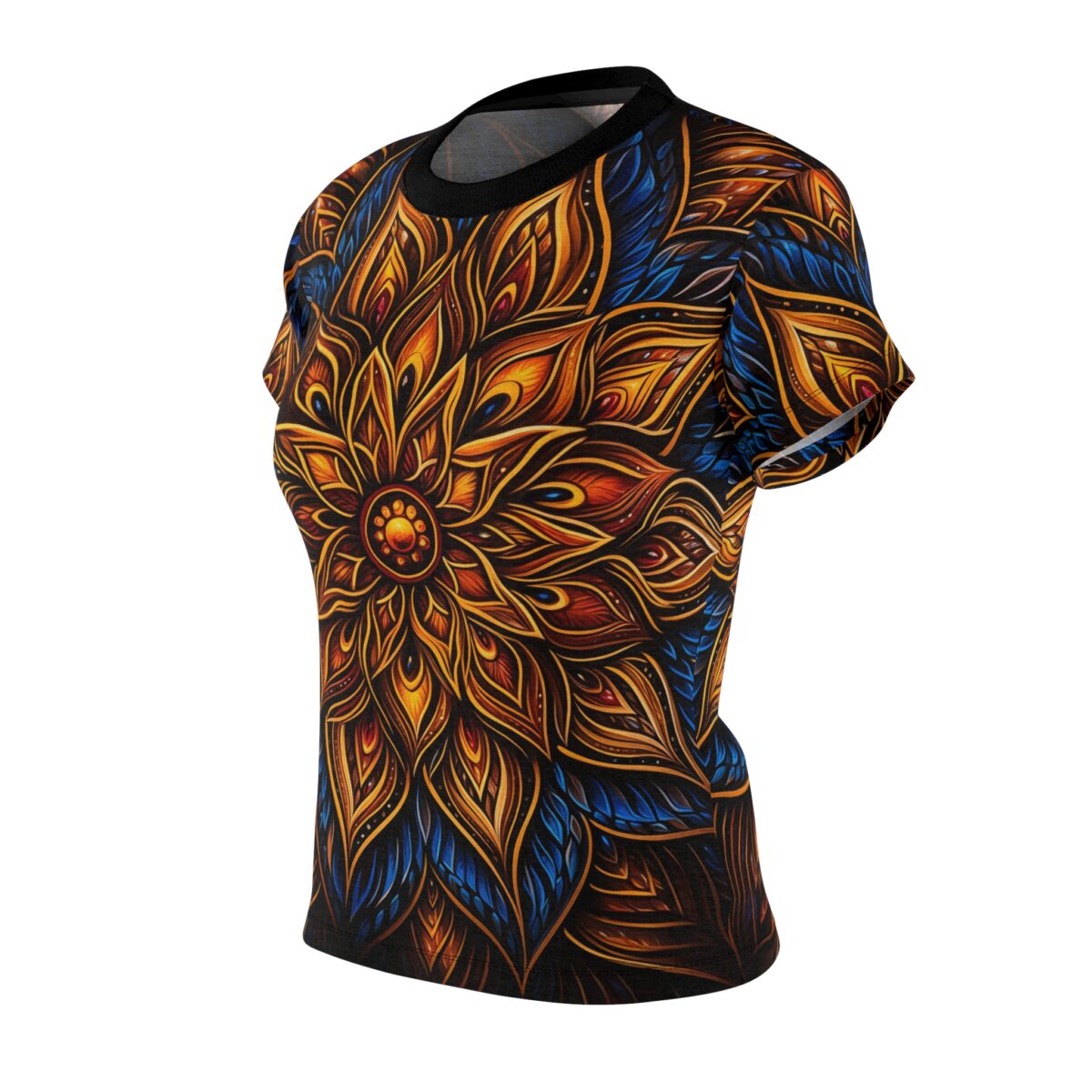 Vibrant orange and blue floral mandala all over print women's sublimation tee featuring a seamless wrap around graphic.