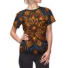 Women's sublimation tee featuring an intricate orange and blue mandala all over print design.