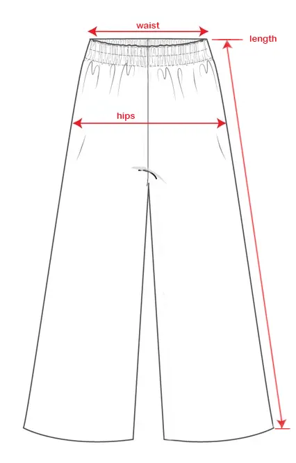 Diagram showing how to measure waist, hips, and length on a pair of pants.