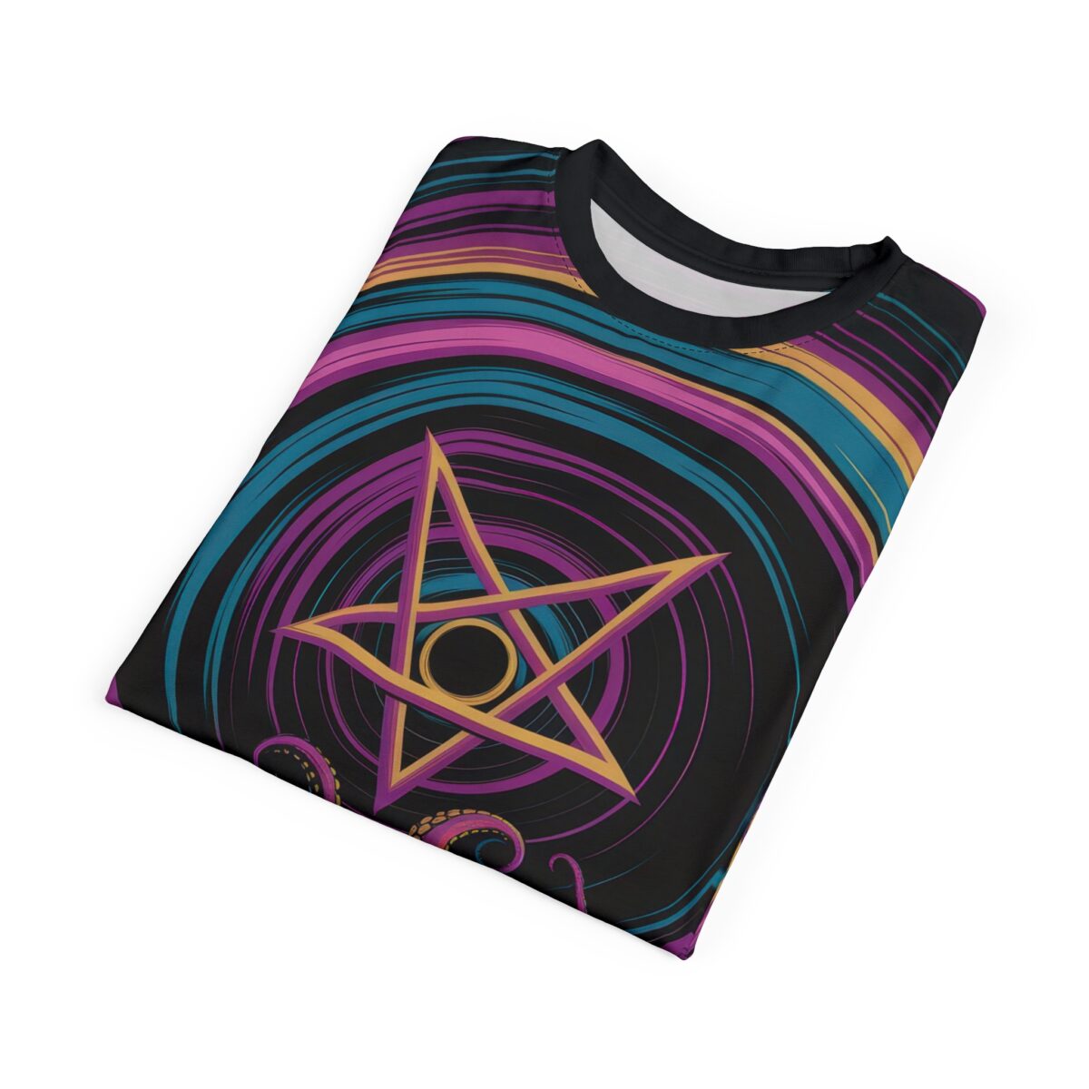 All over print sublimation tee featuring a pentagram with an octopus tentacle design and vibrant swirl graphic.