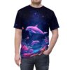 Pink dolphins and coral reef graphic on a black all over print sublimation tee, featuring a starry night sky and ocean life.