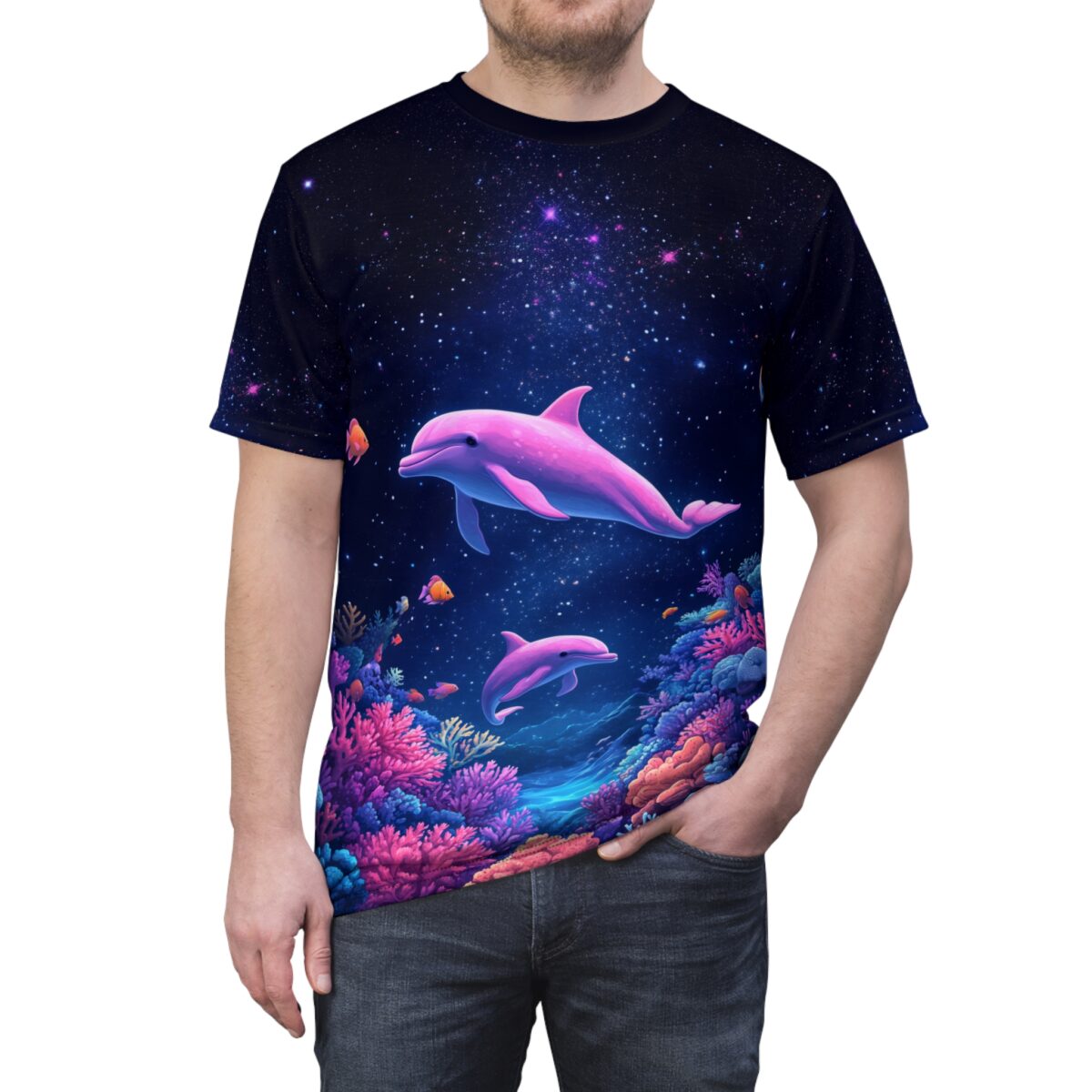 Pink dolphins and coral reef graphic on a black all over print sublimation tee, featuring a starry night sky and ocean life.