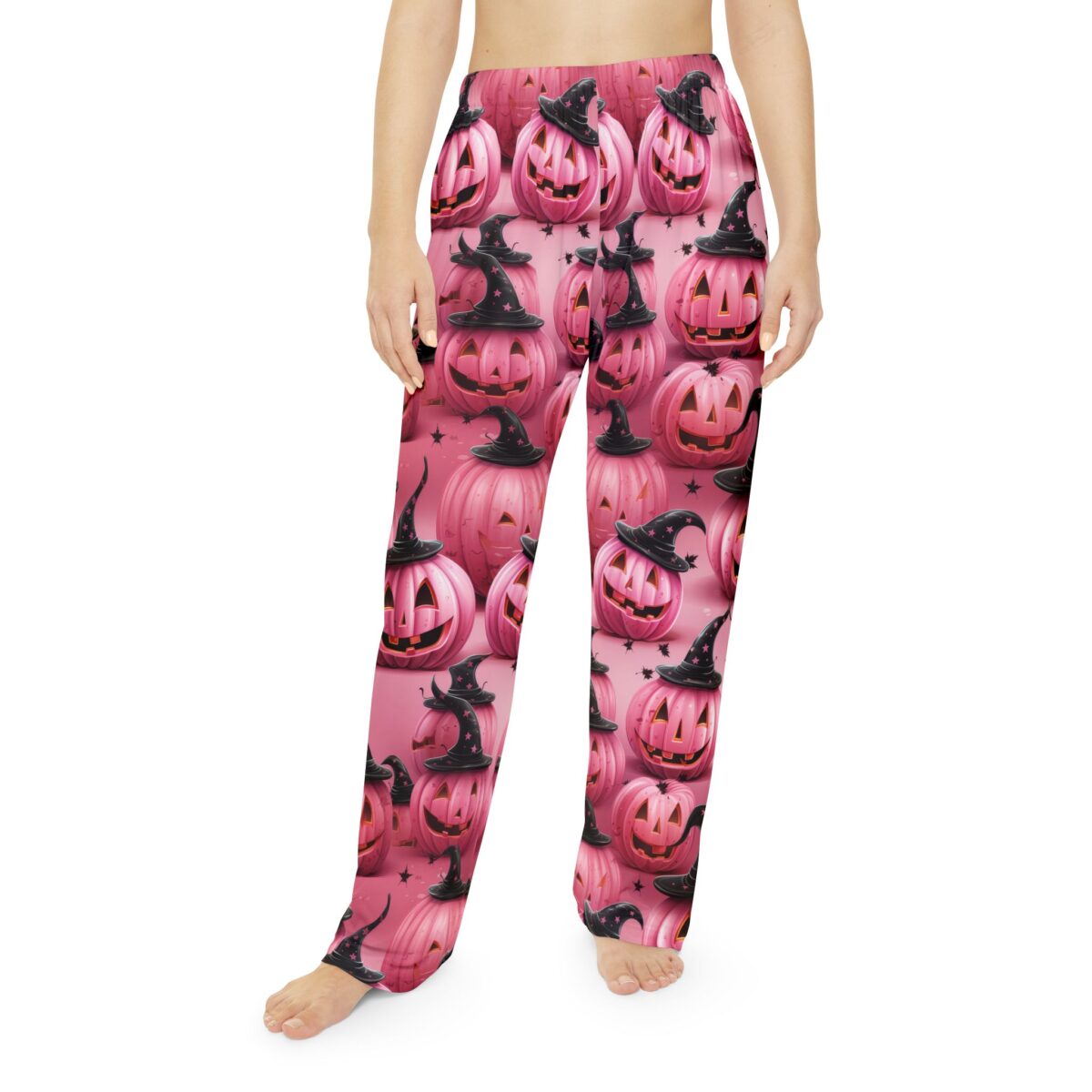 Pink Halloween pumpkin pajamas featuring witch hats and stars all over print sublimation tee.