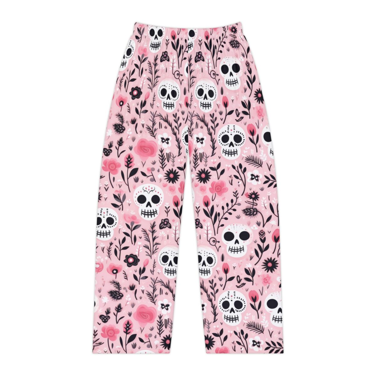 Pink all over print pajama pants with a seamless wrap around graphic of white skulls and pink flowers.