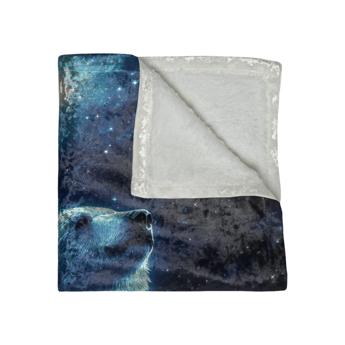 Polar bear looking up at a cosmic starry night sky on a soft fleece throw blanket.