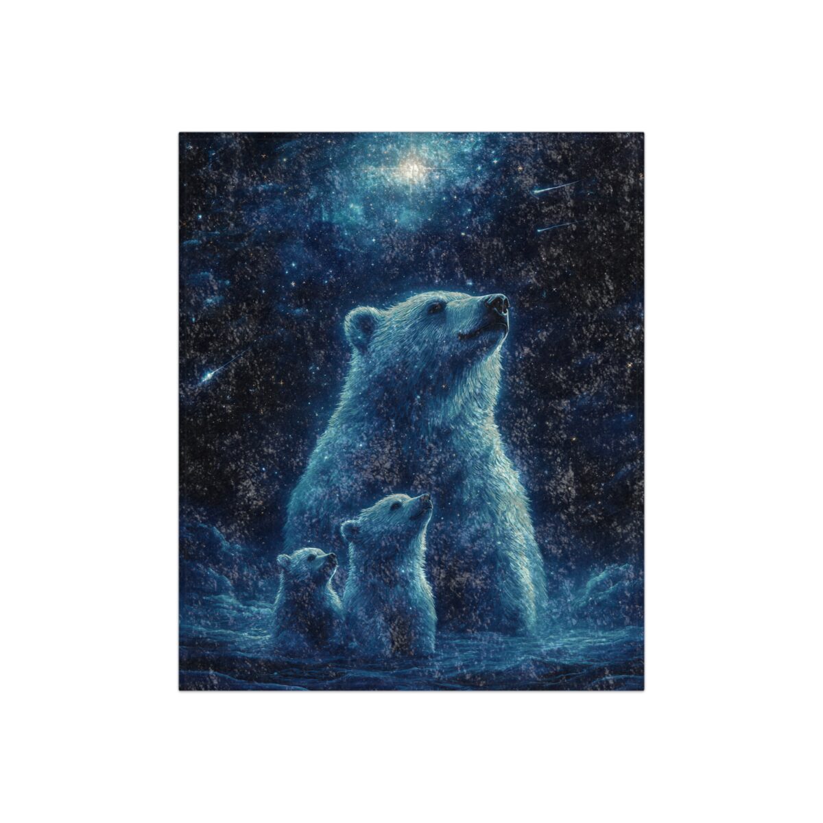 Polar bear family looking up at the starry night sky in icy water; blue, white, and dark background.