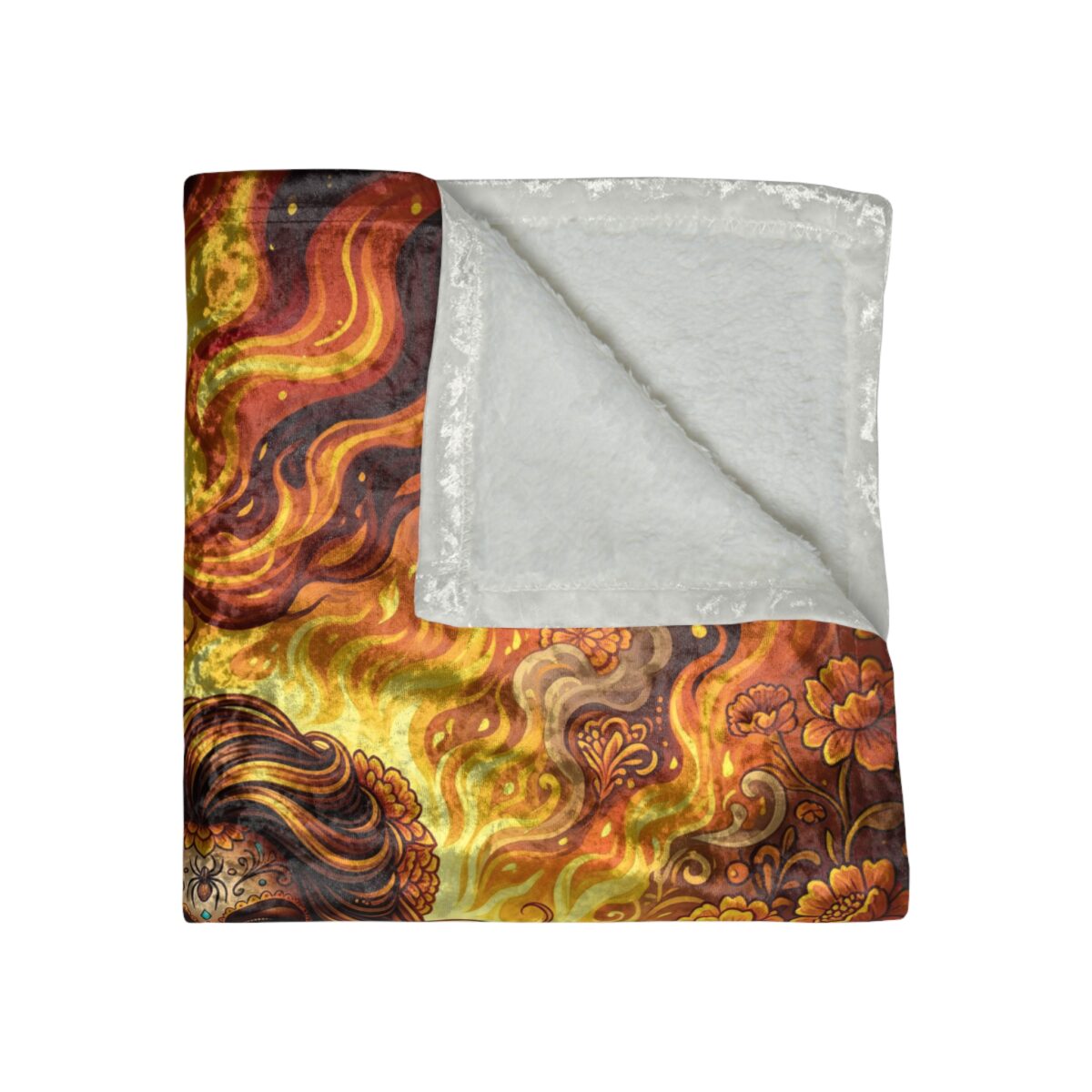 Psychedelic floral and flame pattern all over print throw blanket featuring vibrant orange, yellow, and brown swirling designs and decorative motifs.
