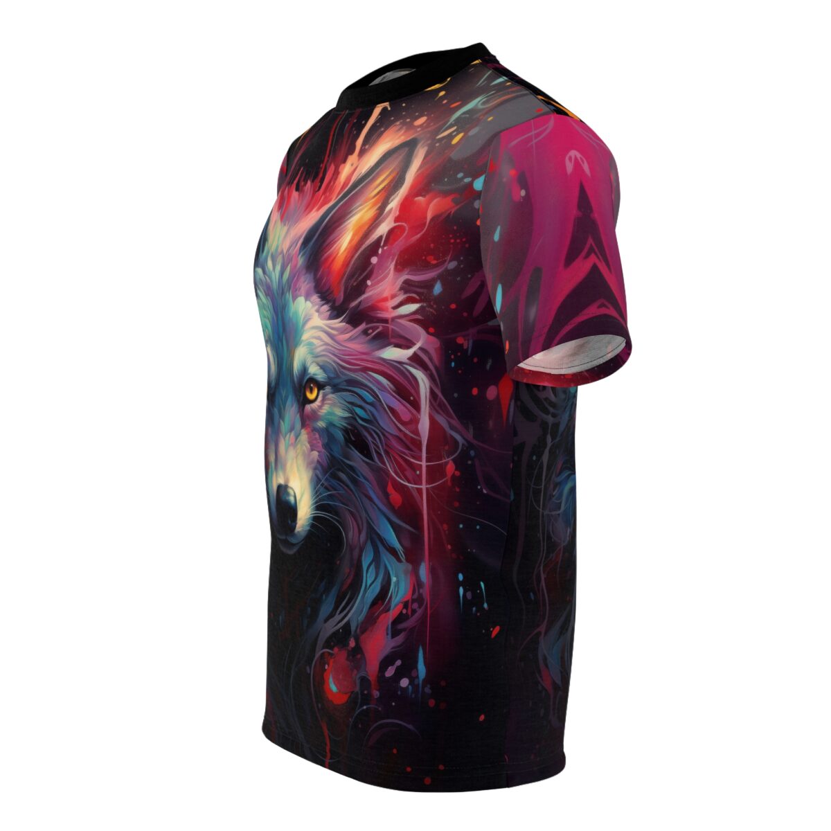 Psychedelic wolf sublimation tee with vibrant, abstract, all-over print featuring neon colors and splatter effects.
