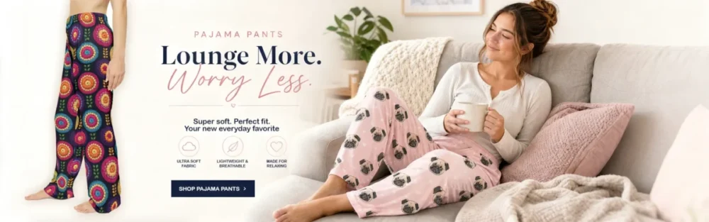 Pink pajama pants with all over print pug faces and small hearts. Cozy lounge pants for women.
