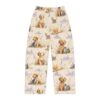 All over print pajama pants with golden retriever puppies and tabby kittens sitting in lavender fields with clouds.