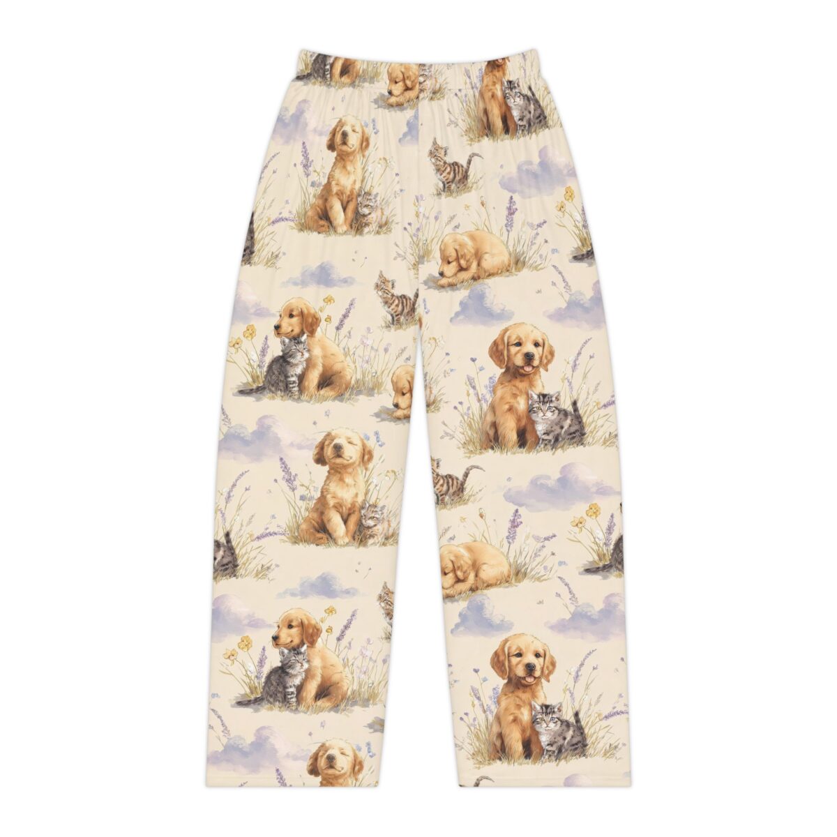 All over print pajama pants with golden retriever puppies and tabby kittens sitting in lavender fields with clouds.