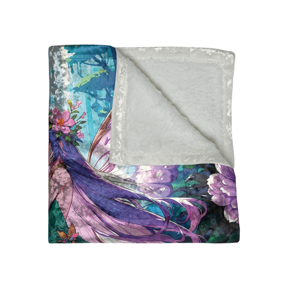 Purple fairy with long flowing hair and floral crown on a plush blanket with an all-over print of enchanted forest elements and flowers.