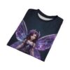 Purple fairy all over print sublimation tee featuring a mystical winged creature with intricate purple wings and ornate armor on a starry dark background.
