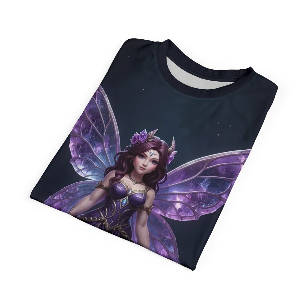 Purple fairy all over print sublimation tee featuring a mystical winged creature with intricate purple wings and ornate armor on a starry dark background.