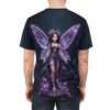 All over print sublimation tee with a cosmic purple fairy graphic, crystal accents, and starry background.