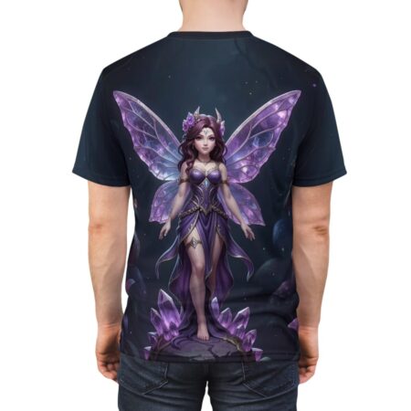 All over print sublimation tee with a cosmic purple fairy graphic, crystal accents, and starry background.