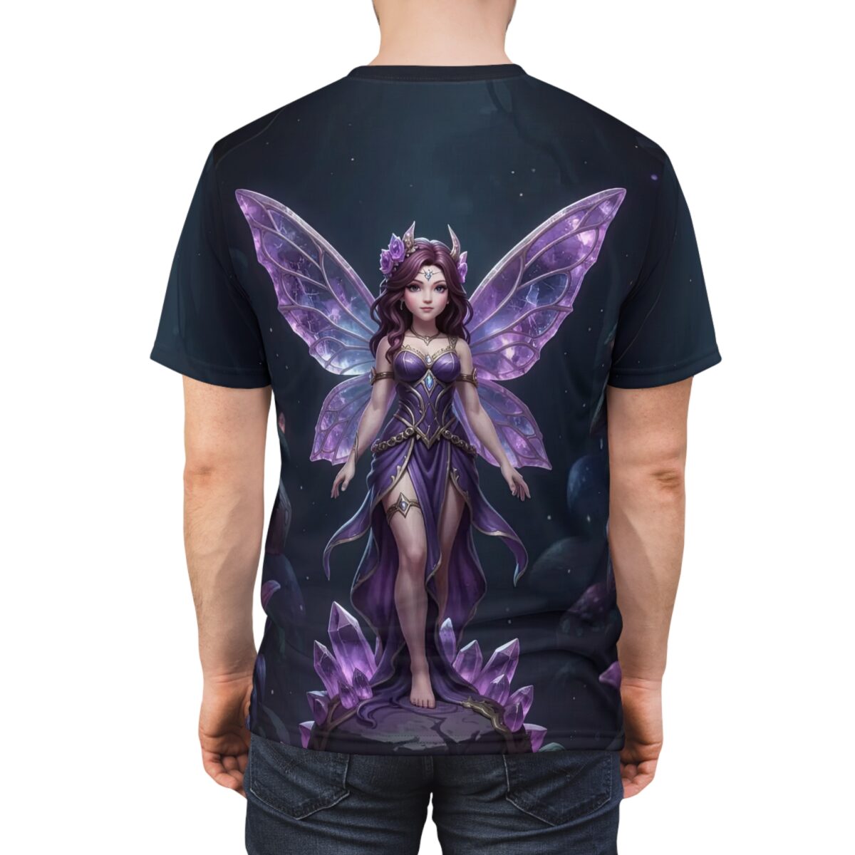 All over print sublimation tee with a cosmic purple fairy graphic, crystal accents, and starry background.