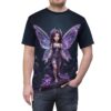 All over print sublimation tee featuring a purple fairy with crystal wings standing on amethyst. Streetwear aesthetic with a fantasy graphic.