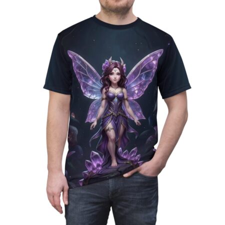All over print sublimation tee featuring a purple fairy with crystal wings standing on amethyst. Streetwear aesthetic with a fantasy graphic.