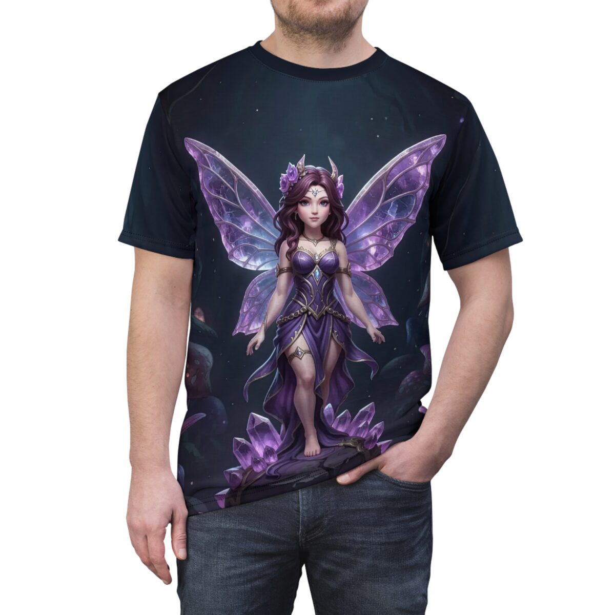 All over print sublimation tee featuring a purple fairy with crystal wings standing on amethyst. Streetwear aesthetic with a fantasy graphic.