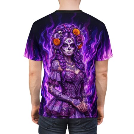Purple all over print sublimation tee featuring a Day of the Dead sugar skull woman with flowers and purple flames.