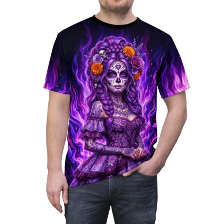 Purple sugar skull woman all over print sublimation tee, featuring vibrant fire background and floral headpiece with skulls.