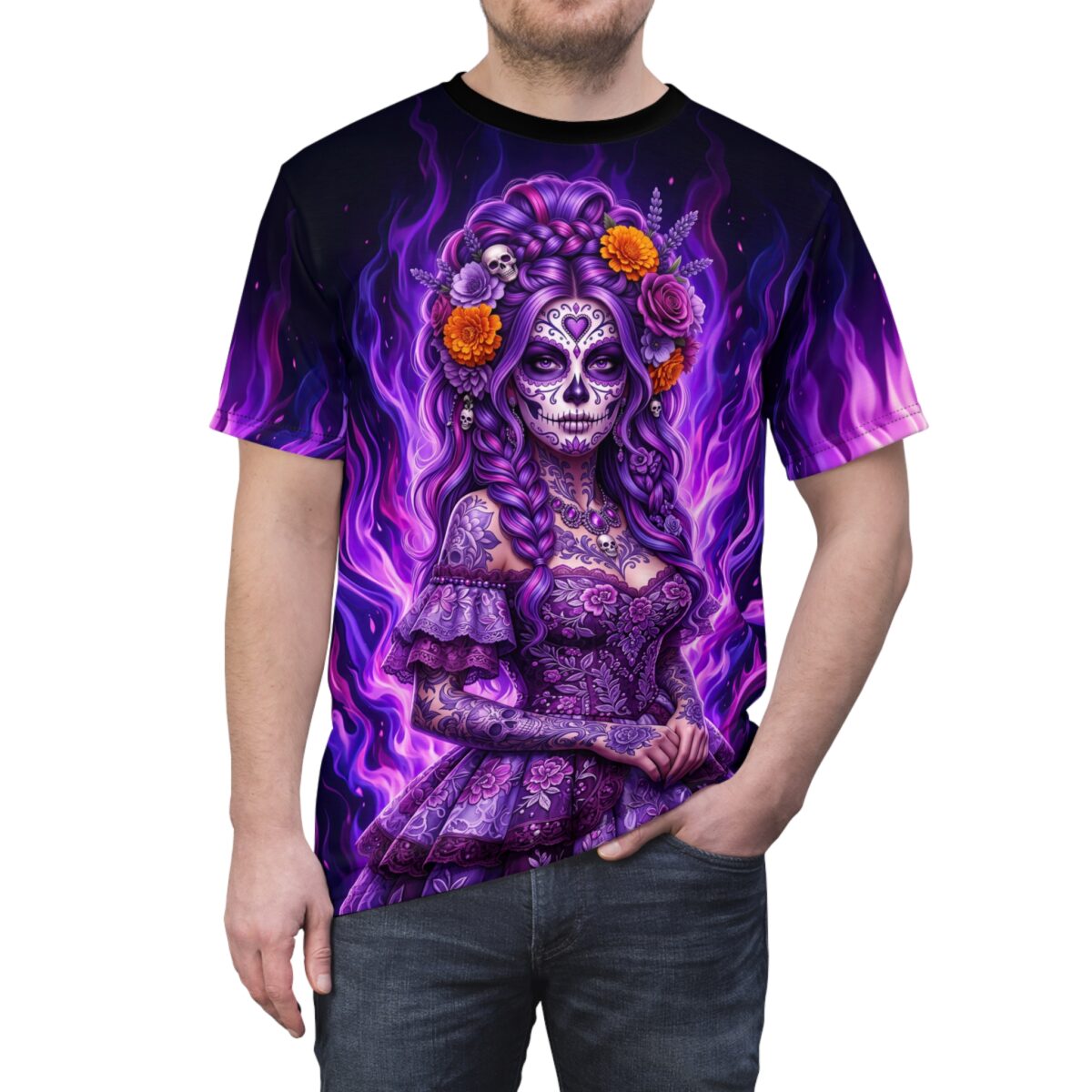 Purple sugar skull woman all over print sublimation tee, featuring vibrant fire background and floral headpiece with skulls.