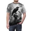 Gothic all over print t-shirt featuring a raven perched on a skull, with bats and tombstones in a graveyard scene.