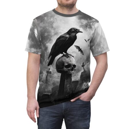 Gothic all over print t-shirt featuring a raven perched on a skull, with bats and tombstones in a graveyard scene.