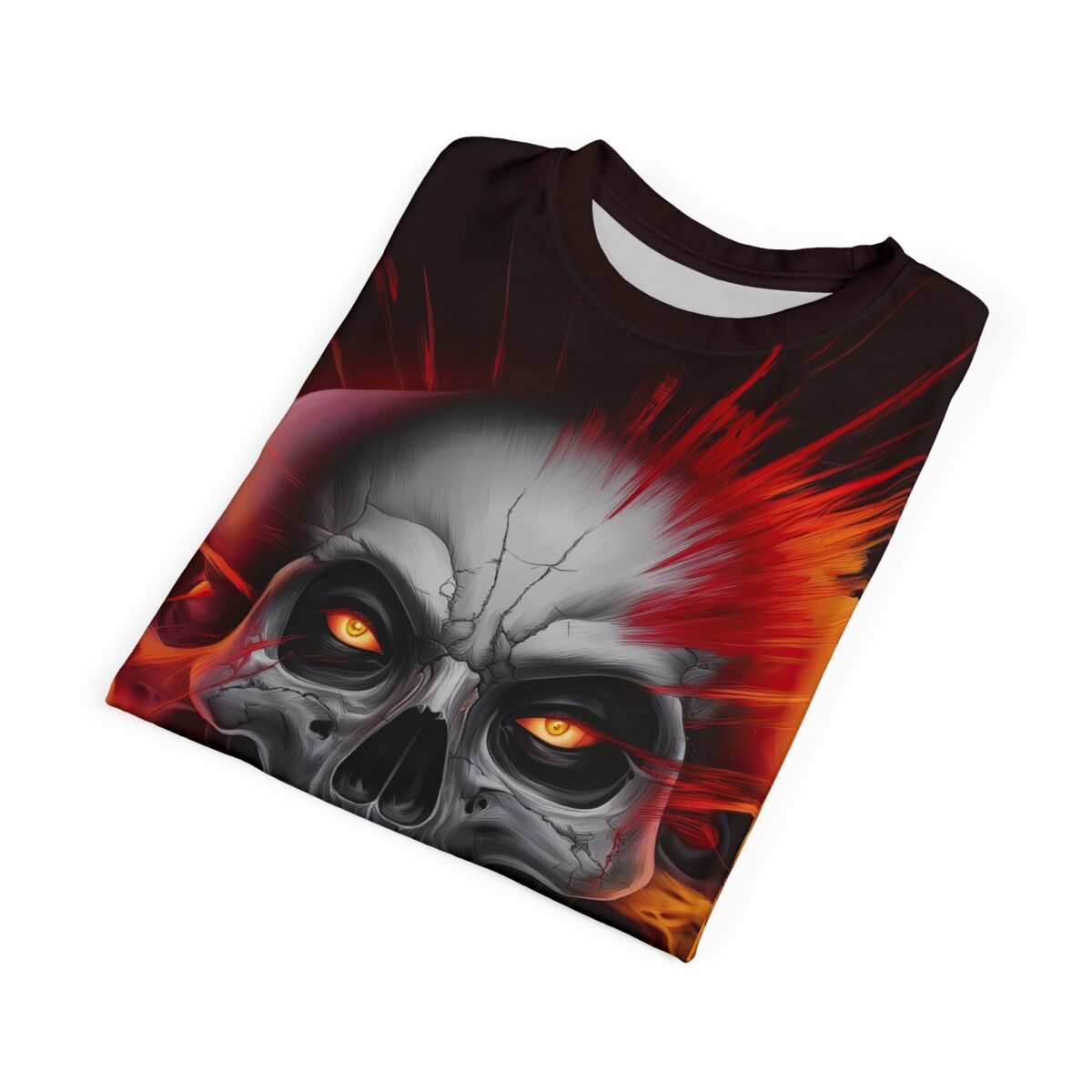 Scary cracked skull with glowing yellow eyes and fiery red hair graphic on a black t-shirt.