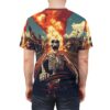 All over print sublimation tee featuring a screaming skeleton driving a car through an exploding town with skulls on the sleeves.