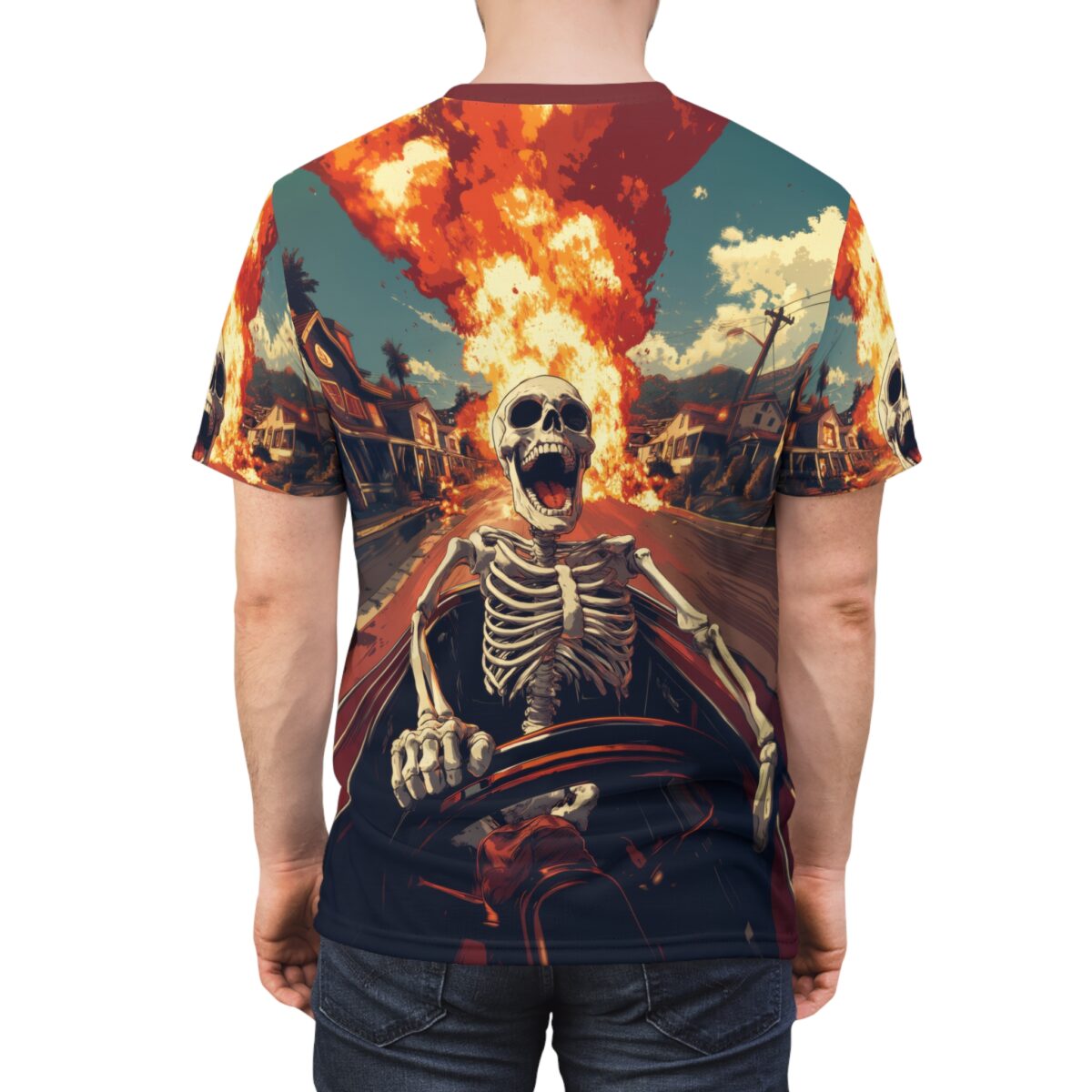 All over print sublimation tee featuring a screaming skeleton driving a car through an exploding town with skulls on the sleeves.