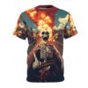 Skeleton driving a car through a burning town, all over print sublimation tee graphic.