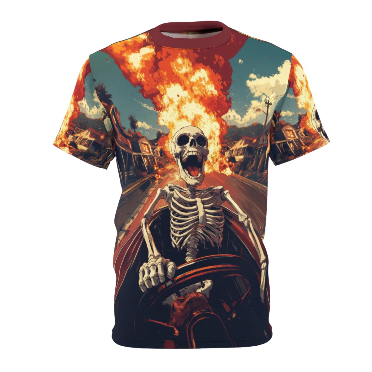 Skeleton driving a car through a burning town, all over print sublimation tee graphic.