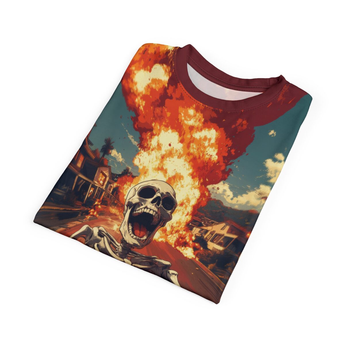 Skeleton screaming in front of a fiery explosion on a street with houses, women's all over print sublimation tee.