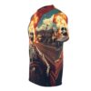 All over print sublimation tee featuring a skeleton driving a car through a burning neighborhood with skulls on the sleeves.