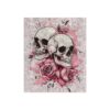 Two detailed skulls entwined with pink roses and leaves on a textured gray background with paint splatters.