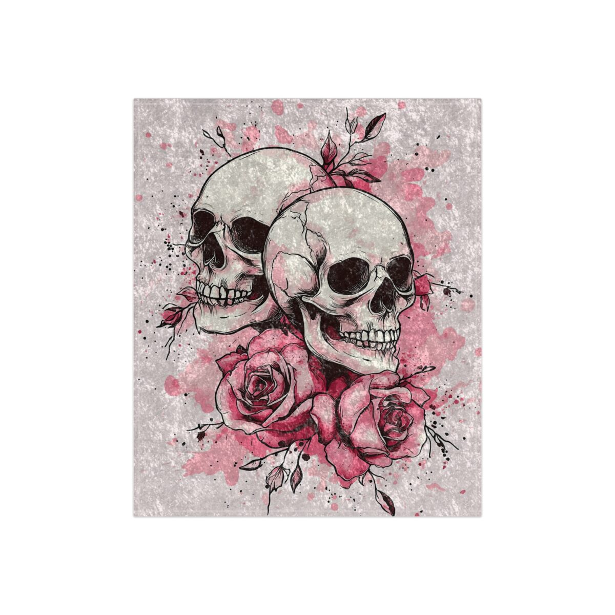 Two detailed skulls entwined with pink roses and leaves on a textured gray background with paint splatters.