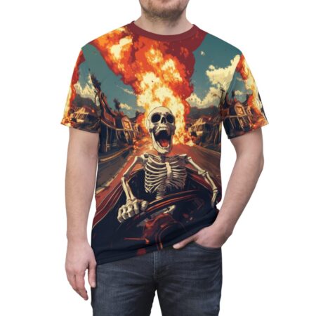 Skull driving car all over print sublimation tee featuring a vibrant trippy festival aesthetic with fire and road graphics.