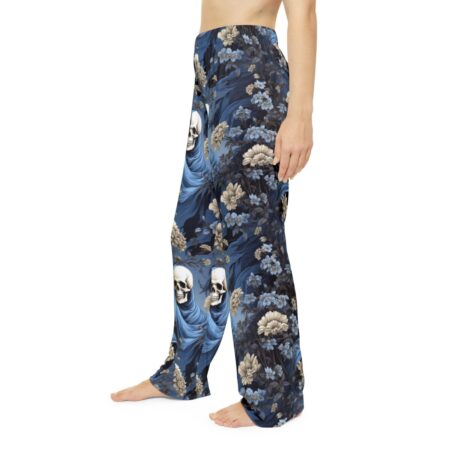 Dark floral and skull all over print pajama pants featuring a seamless wrap around graphic and sublimation design.