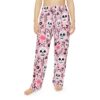 Pink all over print pajama pants featuring white sugar skull and floral designs. Seamless print wrap around graphic.