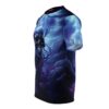 Cyber grunge all over print sublimation tee featuring a skull emerging from a dark forest during a lightning storm with purple and blue hues.