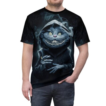 All over print black sublimation tee featuring a smirking, hooded Cheshire Cat graphic with glowing eyes and smoke detail.