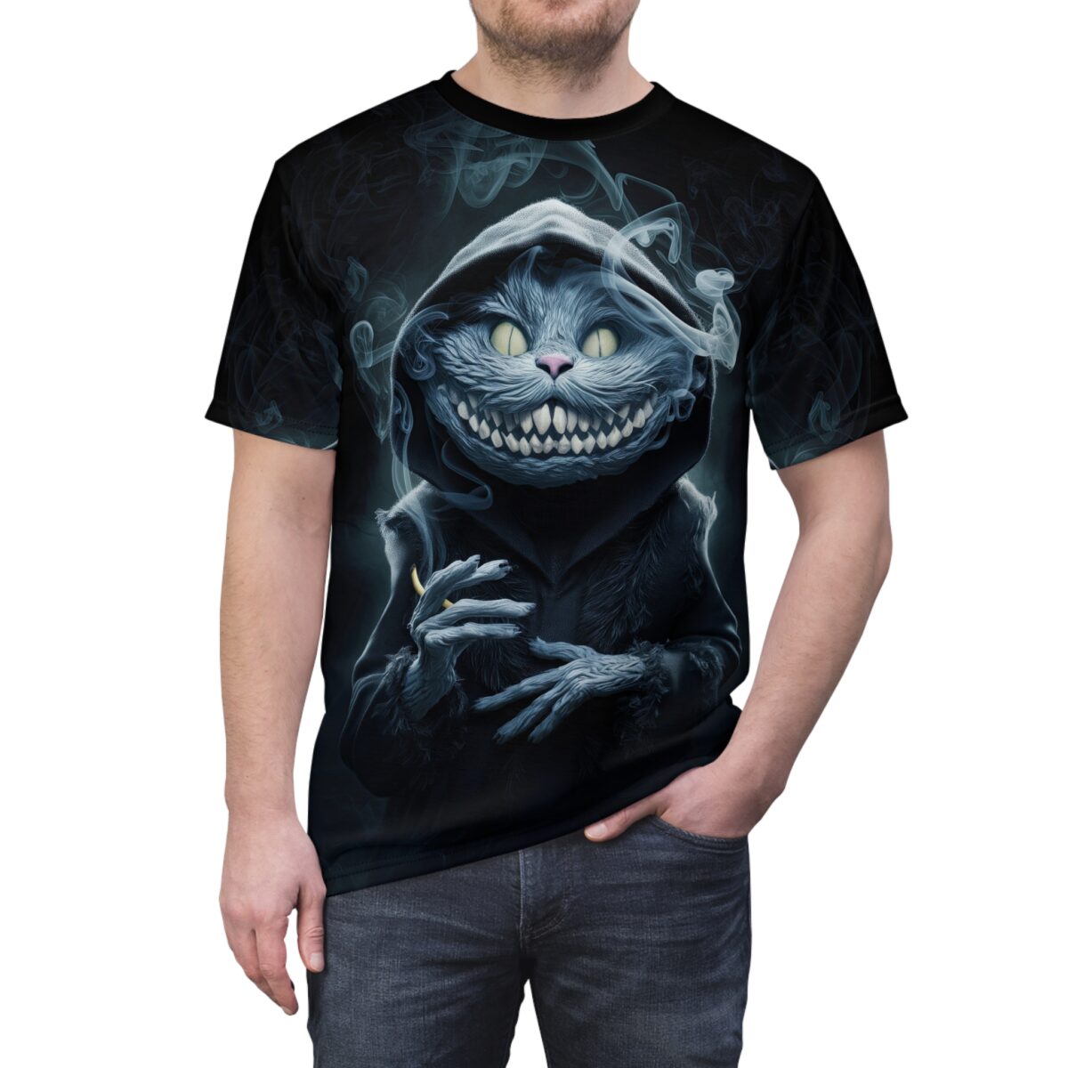 All over print black sublimation tee featuring a smirking, hooded Cheshire Cat graphic with glowing eyes and smoke detail.