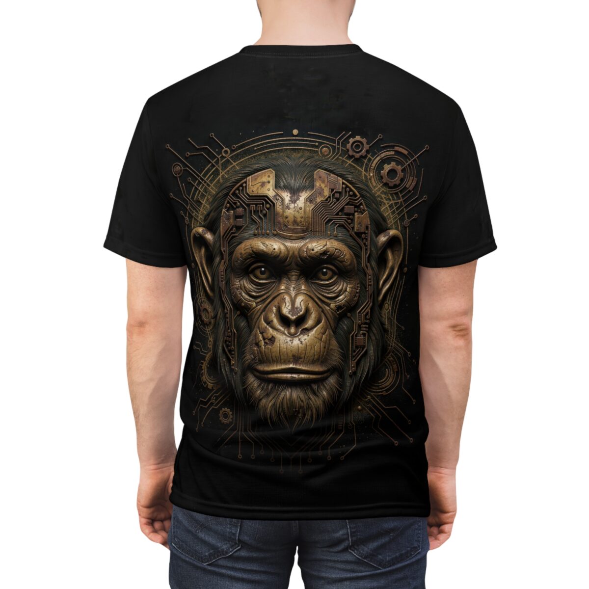 Black t-shirt with a detailed steampunk chimpanzee head graphic, featuring intricate circuitry and gears, cyberpunk aesthetic.