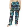 Close-up of pajama pants with a vibrant all-over print of blue, teal, and purple succulents and flowers.