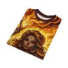 Sugar skull woman all over print sublimation tee featuring flames and intricate facial details with fiery background.